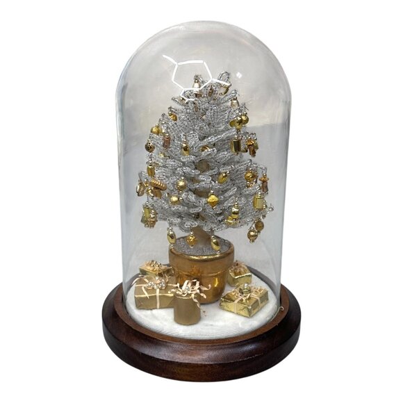 Vintage Silver Gold Beaded Mini Christmas Tree In Glass Dome Presents Wood Base - Picture 2 of 6